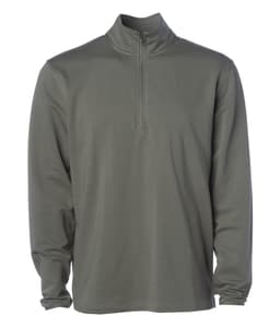 A lightweight quarter-zip long sleeve shirt in olive green, featuring a collar and a logo on the chest.