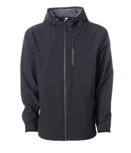 A men's soft shell poly zip jacket in black with a hood and zippered pockets. It features a logo on the chest.