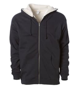 A navy men's hoodie with a sherpa lining, featuring a zip front and two front pockets. It has a logo on the label.