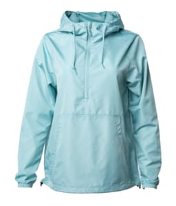 A lightweight anorak windbreaker in a light blue colour, featuring a hood and a front pocket. It has a logo.