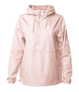 A lightweight, pink men's anorak windbreaker with a hood and a front pocket. Features a logo on the front.