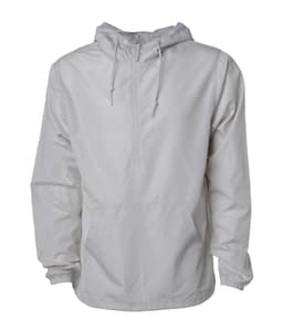 A lightweight white anorak windbreaker with a hood and front pouch pocket. Features elastic cuffs and a logo.