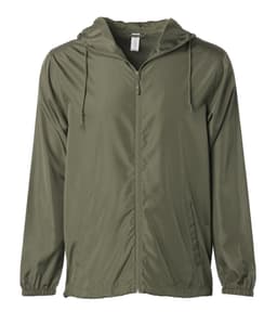A lightweight windbreaker zip jacket in olive green with a hood and a front zipper. It features drawstrings for adjustment.