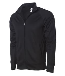 A black adult unisex poly zip track jacket with a high collar and zip closure, featuring side pockets.