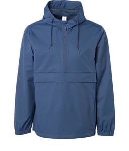 A blue men's nylon anorak windbreaker jacket with a hood and a front pocket, featuring a logo.