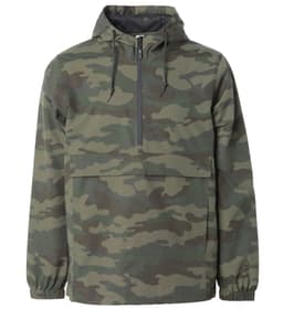 A men's nylon anorak windbreaker jacket in camouflage pattern featuring a hood and a front pouch pocket.