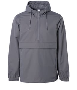 A grey men's nylon anorak windbreaker jacket with a front pouch and a hood, featuring a logo.