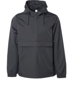 A men's nylon anorak windbreaker jacket in dark grey with a hood and half-zip front. Features a logo on the chest.