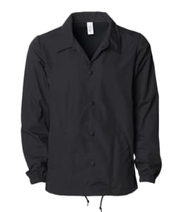 A black nylon coach's jacket with a button-up front and elastic cuffs. It features a drawstring at the hem and a logo.