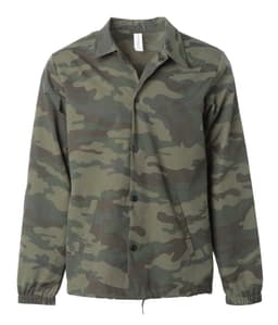 A men's nylon coaches jacket in a camouflage pattern featuring greens and browns, with a logo on the chest.