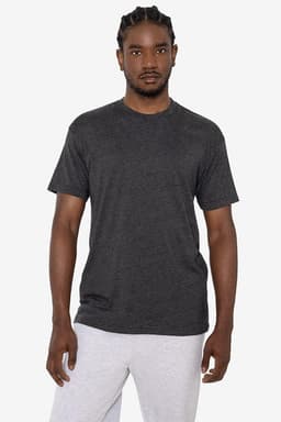 A dark grey short sleeve cotton-poly crew tee with a relaxed fit, featuring a logo on the chest.