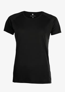 A black women's t-shirt with a classic fit and short sleeves. The shirt features a logo on the front.