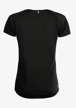 A black women’s t-shirt featuring a fitted design and short sleeves. The back view highlights its smooth fabric.