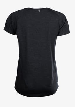 A black women's T-shirt with a casual fit, featuring short sleeves and a logo on the side.