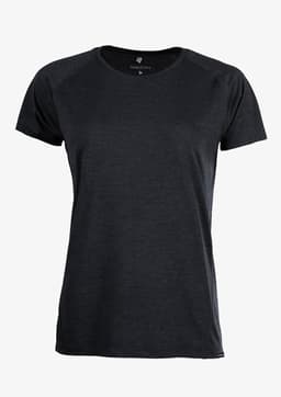 A black women’s T-shirt with a classic crew neckline and short sleeves, featuring a logo.