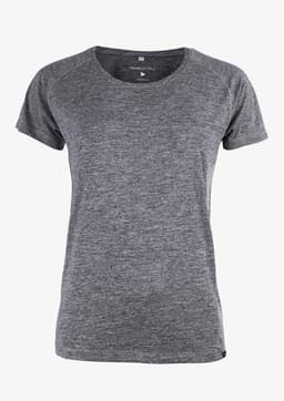A grey women's t-shirt featuring a relaxed fit and short sleeves, with a logo at the hem.