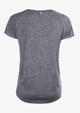 A grey women's T-shirt with a relaxed fit and short sleeves, featuring a branding label on the back.