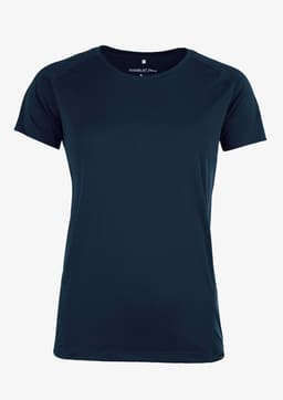 A women's navy blue t-shirt with short sleeves, featuring a logo on the neckline.