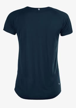 A dark blue women's T-shirt with short sleeves and a rounded hem, featuring a logo.