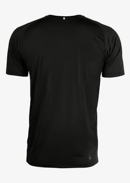 A black men's T-shirt featuring a simple design and a small logo at the back.