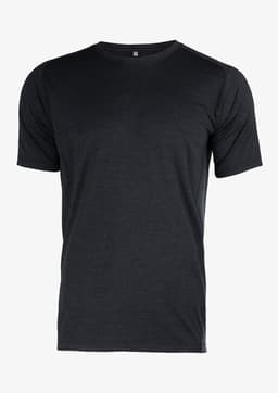 A black t-shirt with short sleeves and a crew neckline. It features a subtle branding logo.