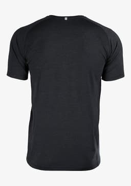A dark grey men's T-shirt featuring short sleeves and a slightly curved hem. Includes a logo on the back.