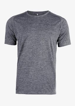 A grey short-sleeved T-shirt with a simple design and a logo on the front.