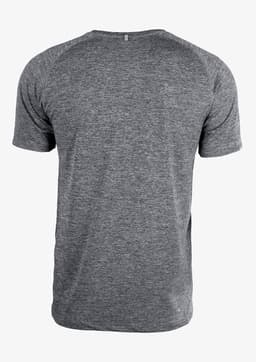 A grey men's T-shirt with a simple design and a logo on the back. Suitable for casual wear.