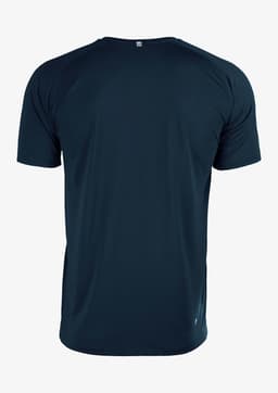 A navy blue men's t-shirt with short sleeves, featuring a logo on the back.