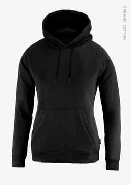 A black women's hoodie featuring a kangaroo pocket and a drawstring hood, made from organic cotton.