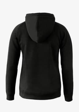 A black hoodie featuring a hood and long sleeves, showcasing a simple and minimalist design from the back.