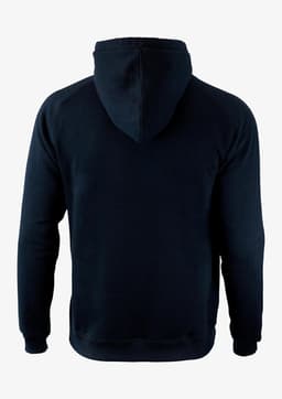 A dark navy hoodie with a hood, featuring a plain design and a logo on the back.