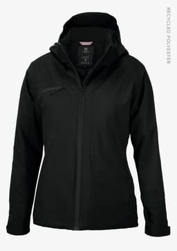 A black women's jacket with a hood, featuring a zip closure and a logo on the chest. Made from recycled polyester.