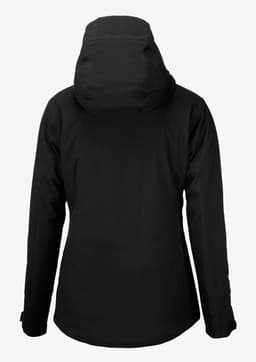 A black women's jacket featuring a hood, with a sleek and minimalistic design. It has a logo on the back.