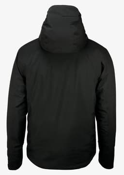A black puffer jacket with a hood, featuring a logo on the back. Suitable for cold weather.