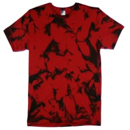 A red tie-dye T-shirt with black swirling patterns, featuring a collar and short sleeves. It has a branding logo.