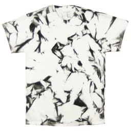 A tie-dye t-shirt featuring a black and white abstract pattern with a soft, textured appearance. It has a logo on it.