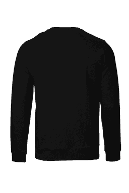 A black sweatshirt with long sleeves and a crew neck, featuring a logo on the back.