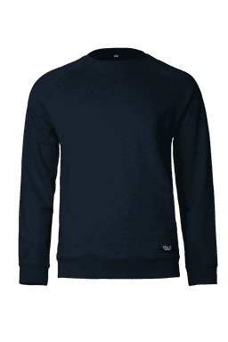 A navy sweatshirt with long sleeves and a round neckline, featuring a logo at the hem.