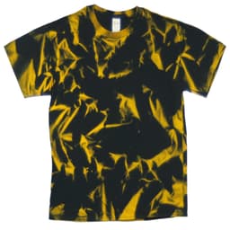A tie dye T-shirt featuring a vibrant yellow and black pattern, with a textured fabric appearance and a logo.