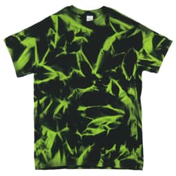 A black and neon green tie dye T-shirt featuring a vibrant swirling design. The shirt has a logo on the label.