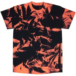 A Nebula Tie Dye T-Shirt featuring bold orange and black swirling patterns, with a logo on it.