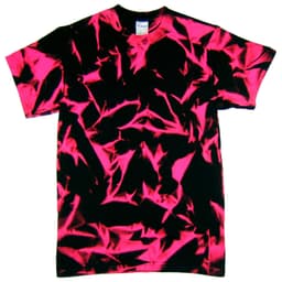 A Nebula Tie Dye T-Shirt featuring a black and vibrant pink tie-dye pattern, with a crew neckline and short sleeves.