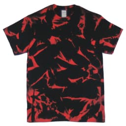 A tie-dye T-shirt featuring a black base with vibrant red patterns throughout. The shirt has a tag and a regular fit.