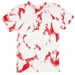 A red and white tie-dye T-shirt with a unique pattern and a label on the neckline.