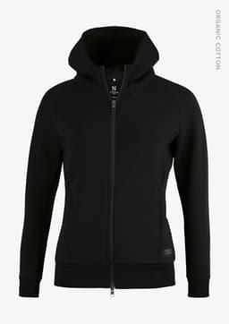 A black zip-up hoodie with a hood, featuring a fitted silhouette and a logo on the front.