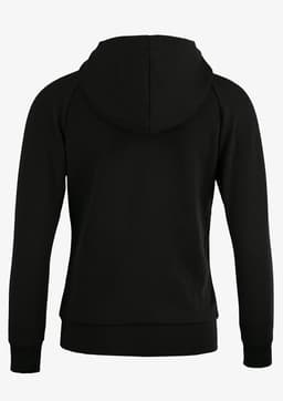 A black women's hoodie with a drawstring hood and long sleeves, featuring a plain design.