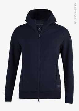 A navy blue women's hoodie jacket with a zip, featuring a hood and a logo. Made from organic cotton.