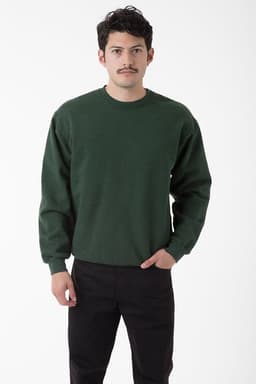 A green heavy fleece pullover sweater worn by a male model, featuring long sleeves and a relaxed fit.