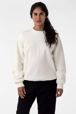 A white heavy fleece pullover jumper with a round neck and long sleeves on a model. It features a logo.